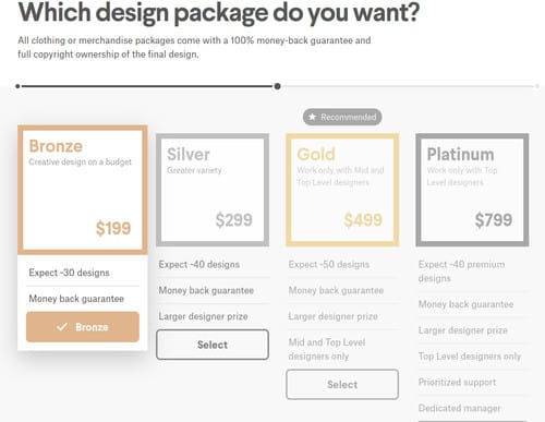 99designs - pricing plans for design package to set up the logo design contest